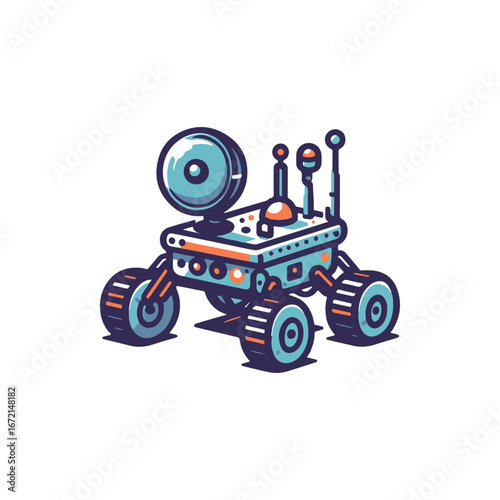 A colorful robotic rover exploring a distant planet with antennas and wheels, showcasing innovation