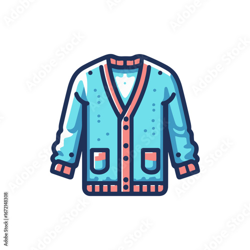 A stylish blue cardigan with pink pockets, set against a minimalist white background