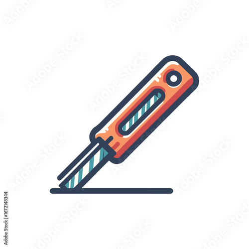 A colorful utility knife resting on a surface, showcasing its sharp blade and ergonomic handle design