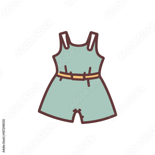 A stylish children's romper in soft green color with a belt, set against a minimalistic background
