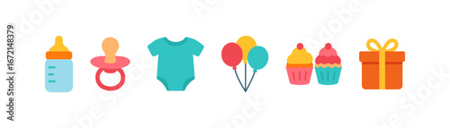 Colorful baby shower icons with bottle, pacifier, onesie, balloons, cupcakes, and gift