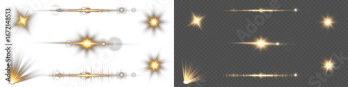 Vector set of glowing lens flares. Isolated star light effects, bright sun rays, sparkles, transparent glare and shiny bursts for realistic photography overlays, graphic design, and illumination.