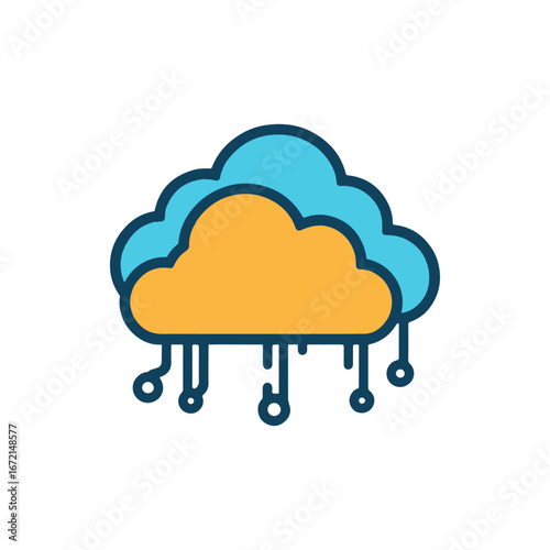 A stylized illustration of a colorful cloud with dripping raindrops against a white background
