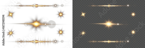 Shiny vector light flare collection. Glowing starburst effects, transparent rays, isolated sun glow and realistic lens flares with sparkle glare for photography, decoration, and creative design.