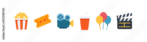 Colorful cinema icons set featuring popcorn, ticket, camera, drink, balloons, and clapperboard