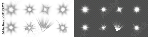 Bright lens flare vector collection. Transparent glow effects, star flashes, shiny rays and glowing light spots for photo overlays, digital design, nature sunshine, sky illumination, and decoration.