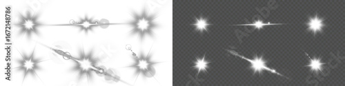 Shiny vector light flare collection. Glowing starburst effects, transparent rays, isolated sun glow and realistic lens flares with sparkle glare for photography, decoration, and creative design.