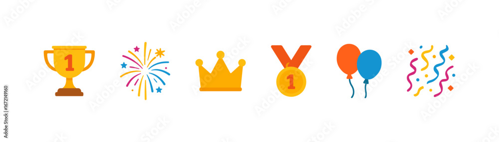 Fototapeta premium Colorful icon set featuring trophy, fireworks, crown, and celebration elements