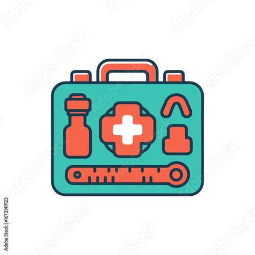 A vibrant first aid kit featuring essential medical supplies on a clean background