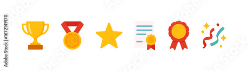 Award symbols collection: trophies, medals, and ribbons in flat design