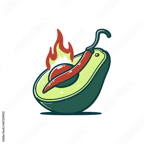 A vibrant illustration of an avocado with a fiery chili pepper, symbolizing spicy food trends