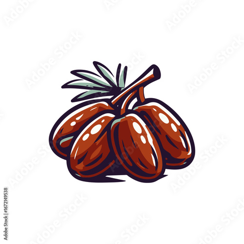 A vibrant illustration of clustered brown olives with green leaves, set against a white background