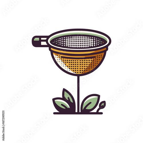 A vibrant kitchen sieve surrounded by fresh green leaves, symbolizing cooking and nature