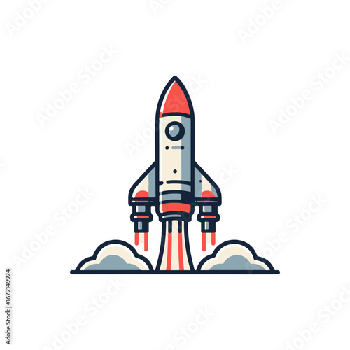 A stylized rocket launching with vibrant flames against a simple background, symbolizing exploration
