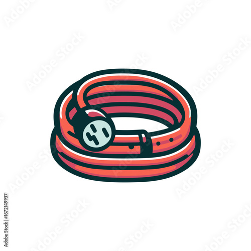 A vibrant red dog collar coiled on a white background, showcasing its design and features