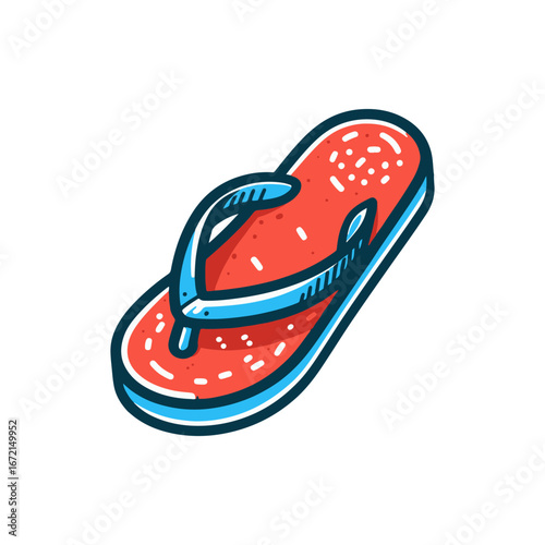 A vibrant red flip-flop with blue straps resting on a clean white background, ideal for summer themes