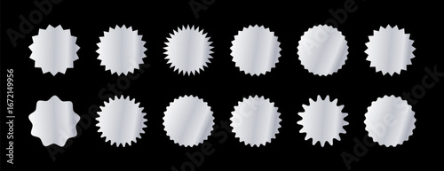 Starburst sticker set. Collection of silver metallic sunburst badges, deal tags, price tag or quality seal with wavy edge. Flat design vector elemens.