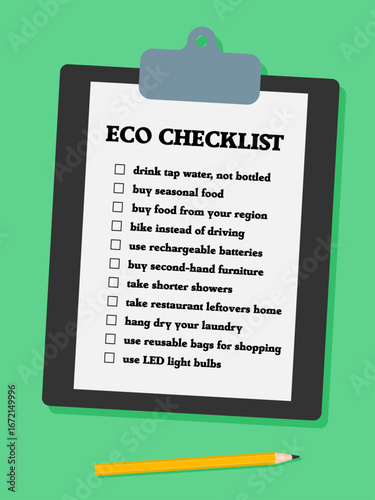 Eco and sustainability checklist. Vector to do list clipboard for environmentally friendly habits, lifestyle tricks and sustainable daily life ideas.