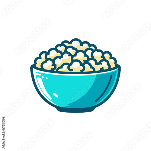 A vibrant bowl filled with fluffy popcorn, set against a minimalistic white background, ideal for snack-themed visuals