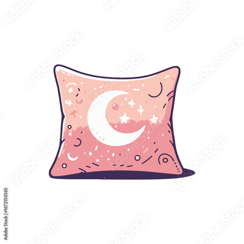 A whimsical decorative pillow featuring a crescent moon and star design against a soft pink background, perfect for cozy bedroom decor