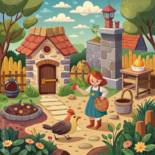 Charming fairy tale village scene with a girl well and cute animals in a lush garden vector