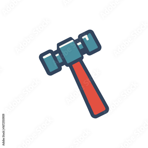 Cartoon illustration of a hammer with a red handle and blue head, set against a white background