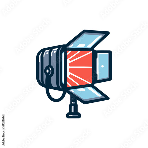A vintage camera with open shutters capturing bright light in a creative studio setting