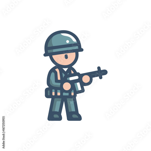 Cartoon soldier standing with a rifle in a neutral background, symbolizing military action