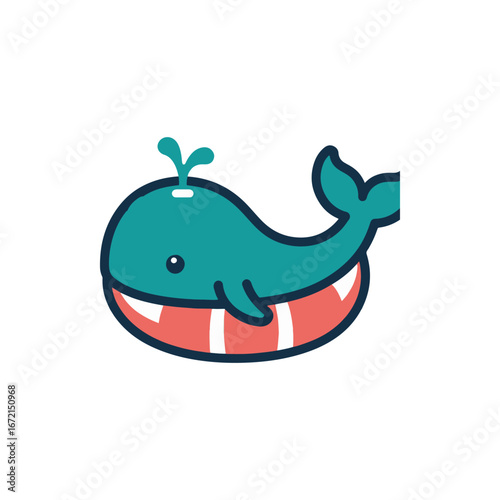 Cartoon whale floating in a colorful lifebuoy, set against a white background, playful design
