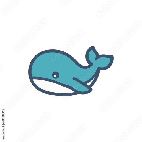 Cartoon whale swimming gracefully in a serene ocean with a bright blue sky in the background