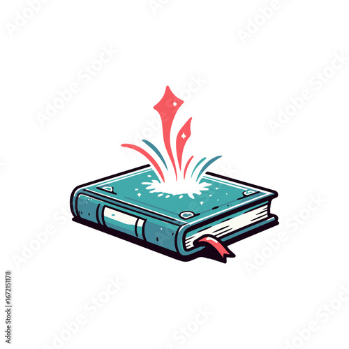 A whimsical illustration of an open book with colorful sparkles emerging, symbolizing creativity