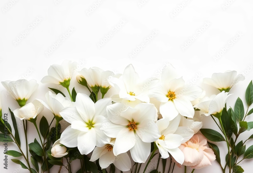 Fototapeta premium Elegant white blooms arranged on pure white backdrop, studio, delicate