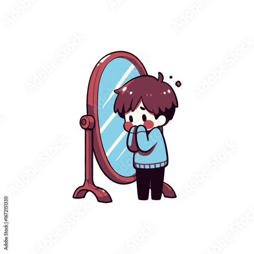A young boy gazing nervously into a mirror, reflecting self-doubt in a bright, minimalistic room