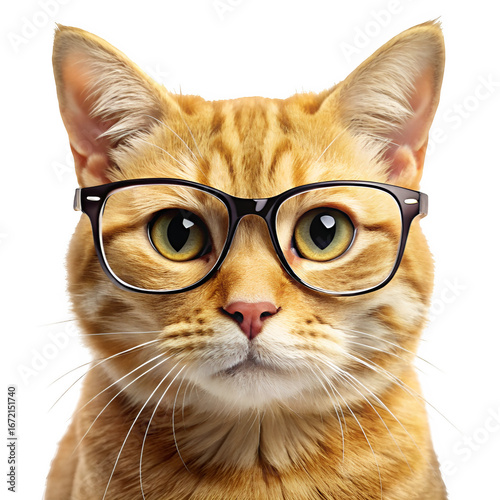Golden cat wearing glasses isolated on transparent background