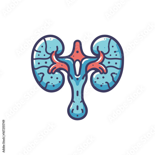 Anatomical illustration of human kidneys with detailed vascular structure and blue tones
