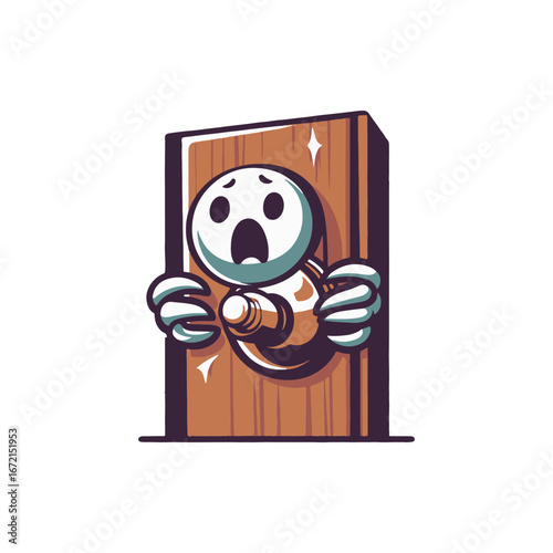 Cartoon character expressing fear while holding a doorknob on a wooden door, with a shiny background