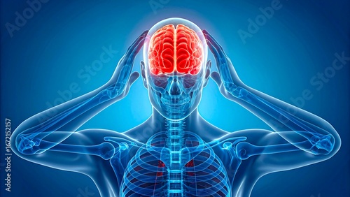 Human brain anatomy illustration showing xray body with glowing head and highlighted brain structure in blue background
