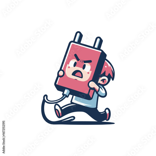 Cartoon character running with a large battery, displaying frustration in a playful, colorful setting