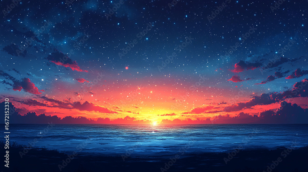 Fototapeta premium Starry sunset over the ocean. A vibrant, digital painting of a serene ocean landscape at sunset, with a star-studded sky.