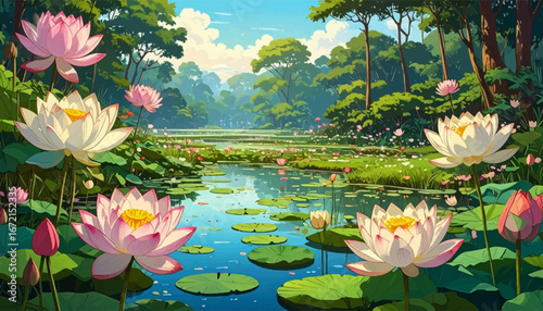 Tranquil lake surrounded by nature. Peaceful water scene with lilies. Blooming pink lotuses in nature. Stunning lotus pond in nature. Bright and tranquil lotus lake scene