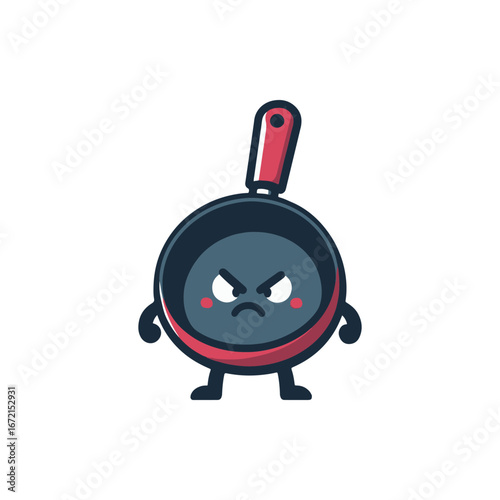 Cartoonish angry frying pan character standing confidently with a fierce expression, kitchen setting