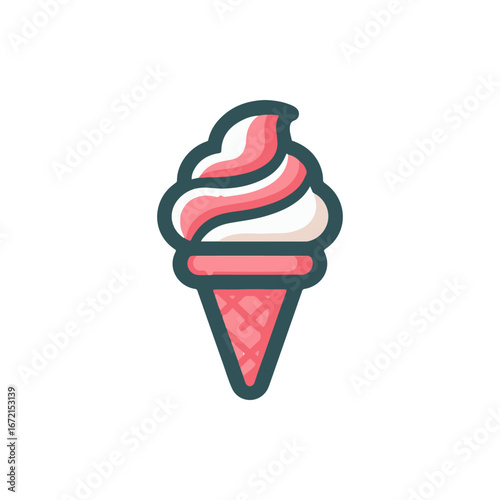 Colorful ice cream cone with swirls of pink and white, set against a clean white background