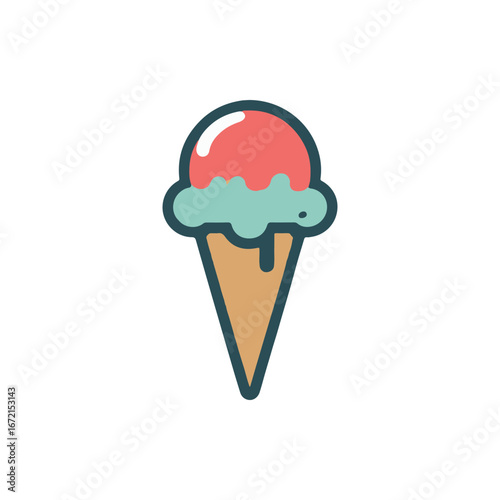 Colorful ice cream cone with a cherry on top against a plain background, ideal for dessert promotions