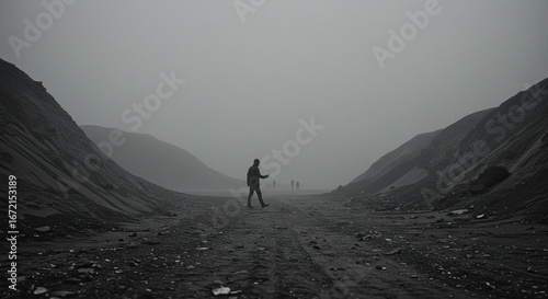 Solitary Figure Walks Through a Desolate, Fog-Shrouded Volcanic Valley