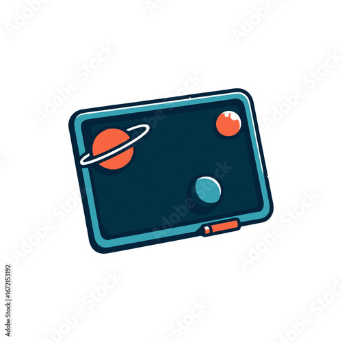 Colorful illustration of a chalkboard depicting planets and a ringed planet, set against a simple background