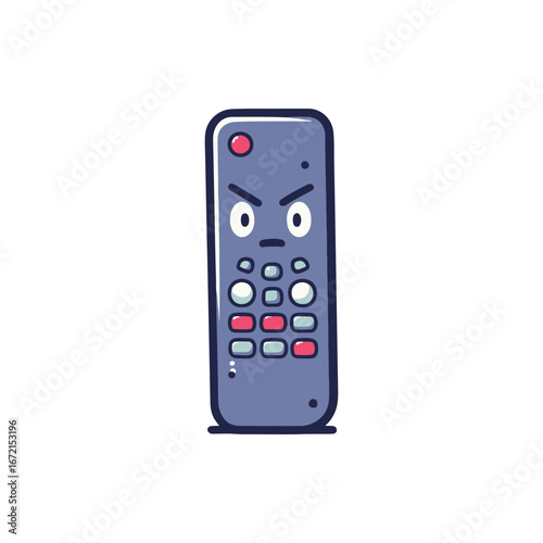 Cartoonish remote control with an angry expression, set against a simple white background