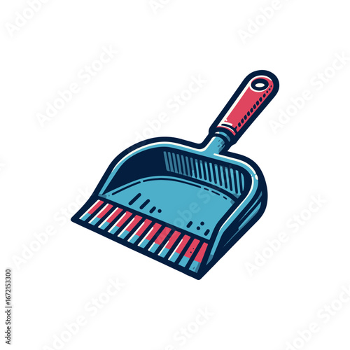 Colorful illustration of a dustpan with a vibrant handle, set against a clean white background