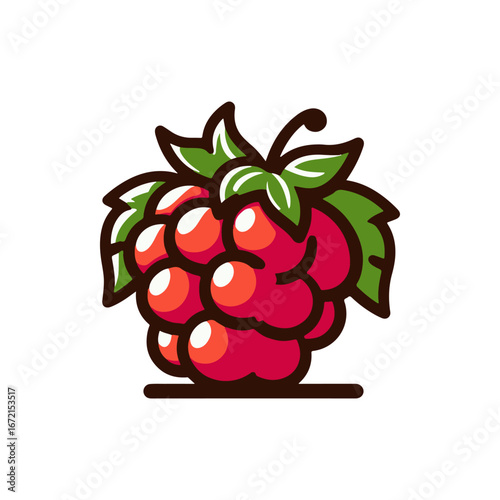 Colorful illustration of a raspberry with green leaves, highlighting its fresh appearance against a white background