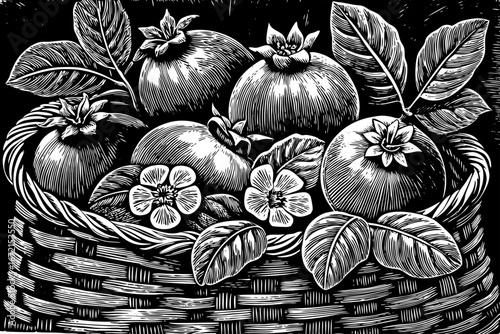 basket filled with pomegranates decorated with flowers and leaves, festive organic still life, artistic black and white sketch