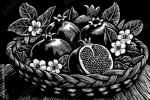 basket filled with pomegranates decorated with flowers and leaves, festive organic still life, artistic black and white sketch